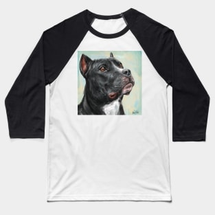 Painting of a Black Pit Bull Looking into the Horizon, on light Blue Yellow Background Baseball T-Shirt